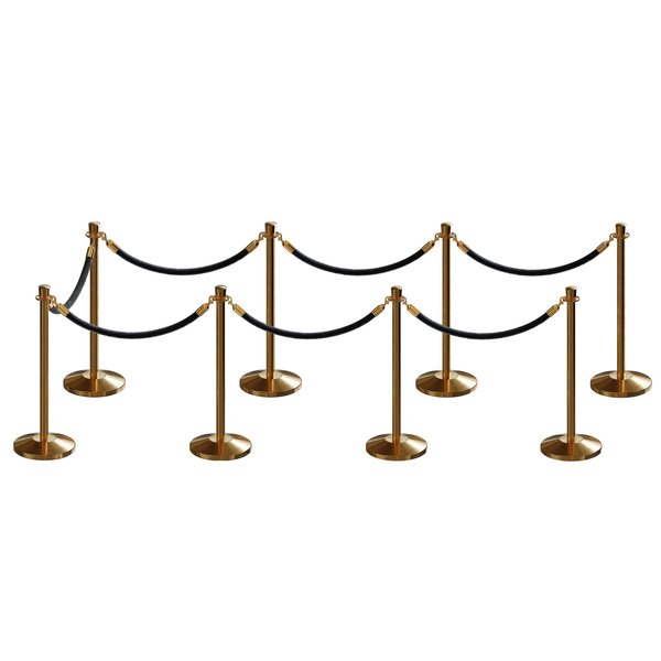 Montour Line Stanchion Post and Rope Kit Sat.Brass, 8 Crown Top 7 Black Rope C-Kit-8-SB-CN-7-PVR-BK-PB